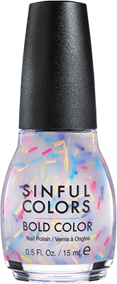 a bottle of white jelly nail polish with pastel-colored, bar-shaped glitters, giving the impression of a sprinkle donut